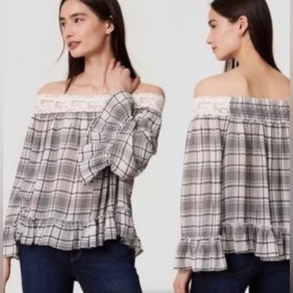 LOFT NWOT Plaid Off-the-Shoulder 100% Viscose Top - Size Small*